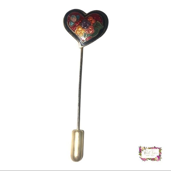 Vintage Heart Shaped Cloisonné Floral & Butterfly Stick Pin - Picture 8 of 14